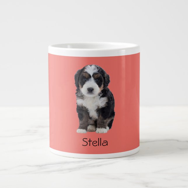 Custom Dog Photo – Sunset Coral with Pet Name -  Large Coffee Mug (Front)