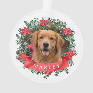Custom Dog Photo with Name Poinsettia Wreath Ornament