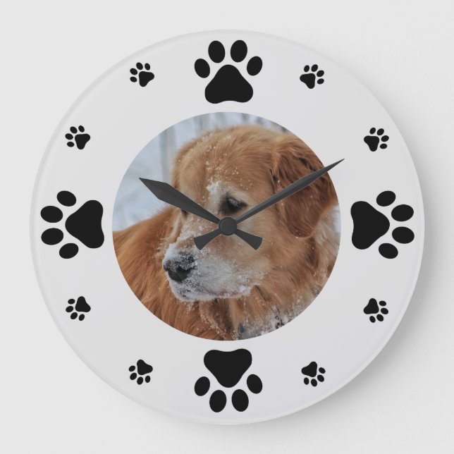 Custom Dog Photo with Paw Prints Large Clock (Front)