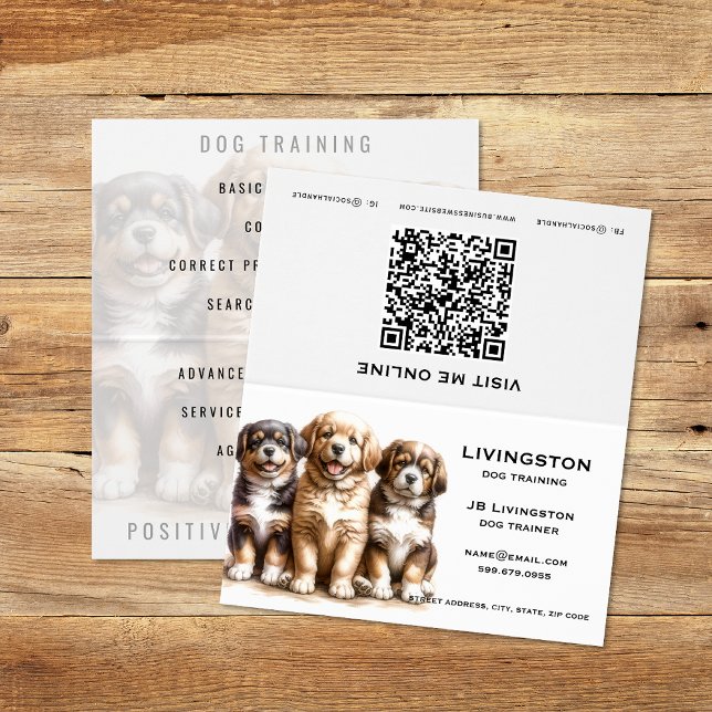 Custom Dog Trainer QR Code Folded Business Card (Dog Trainer QR Code Folded Business Cards (unfolded) )