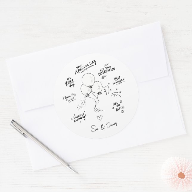 Custom Doodle Modern Balloon Happy Birthday  Classic Round Sticker (Envelope)