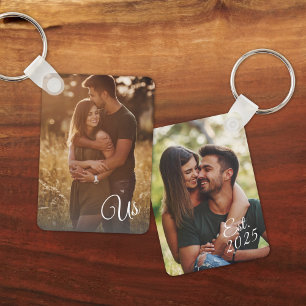 Custom Double Sided Us Established Script 2 Photo Key Ring