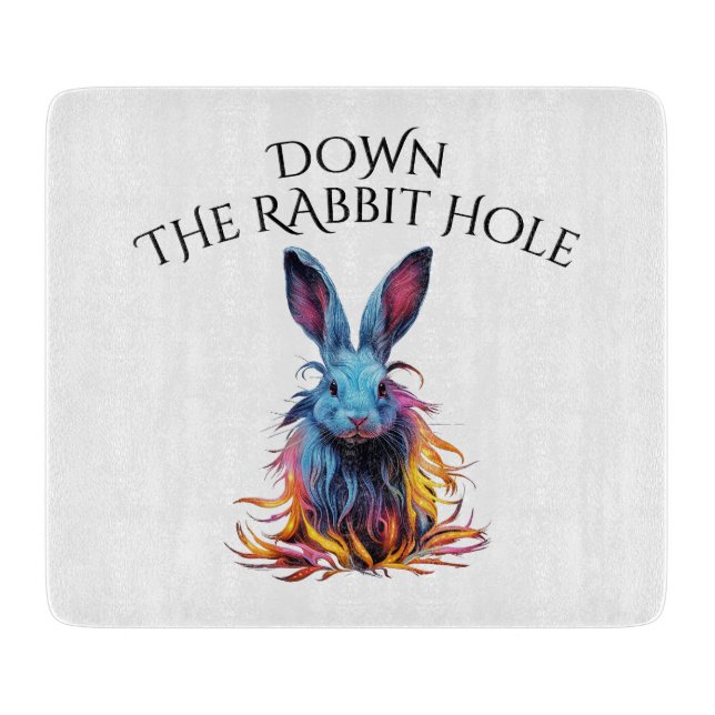 Custom Down the Rabbit Hole Blue Bunny Glass Cutting Board (Front)