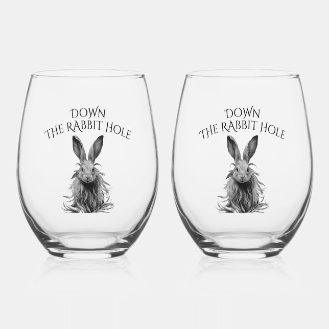 Custom Down the Rabbit Hole Grey Bunny Stemless Wine Glass (Front)