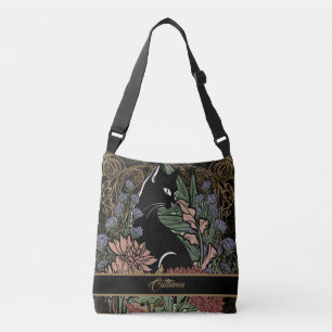 Custom Drawn Art Nouveau Black Cat With Flowers Crossbody Bag