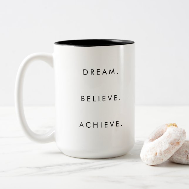 Custom Dream Believe Achieve Success Quote Two-Tone Coffee Mug (With Donut)