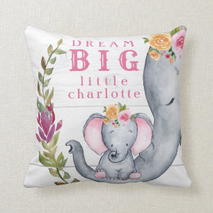 Custom Dream Big Little One Elephants Cute Pink Cushion