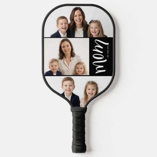 Custom Dual Mum Est. Years Script Black White Pickleball Paddle (Front)