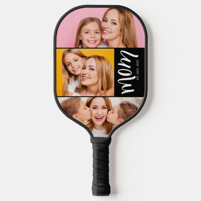 Custom Dual Mum Est. Years Script Black White Pickleball Paddle (Front)