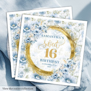 Custom Dusty Blue Sweet 16 Gold Glitter Birthday Napkin