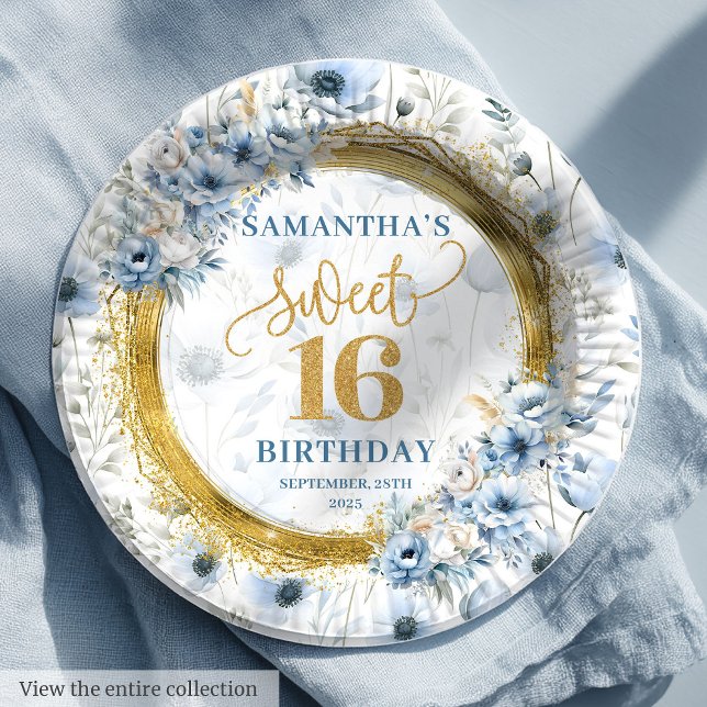 Custom Dusty Blue Sweet 16 Gold Glitter Birthday  Paper Plate (Custom Dusty Blue Sweet 16 Gold Glitter Birthday Paper Plates)