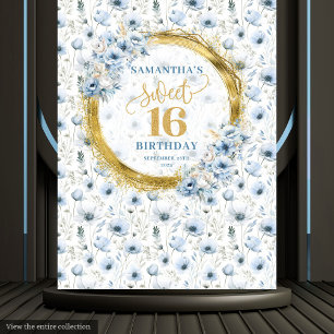Custom Dusty Blue Sweet 16 Gold Glitter Party Sign Tapestry