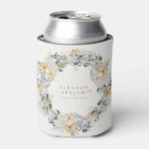 Custom Dusty Blue Yellow Floral Watercolor Wedding Can Cooler