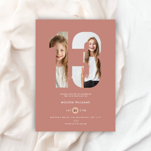 Custom Dusty Pink Photo Girls Number 13th Birthday Invitation