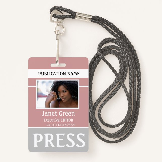 Custom Dusty Pink Photo ID Reporter Press Pass ID ID Badge (Front with Lanyard)