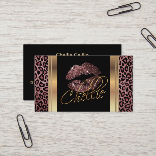 Custom - Dusty Rose Glitter Lips on Leopard Skin Business Card (Front/Back In Situ)