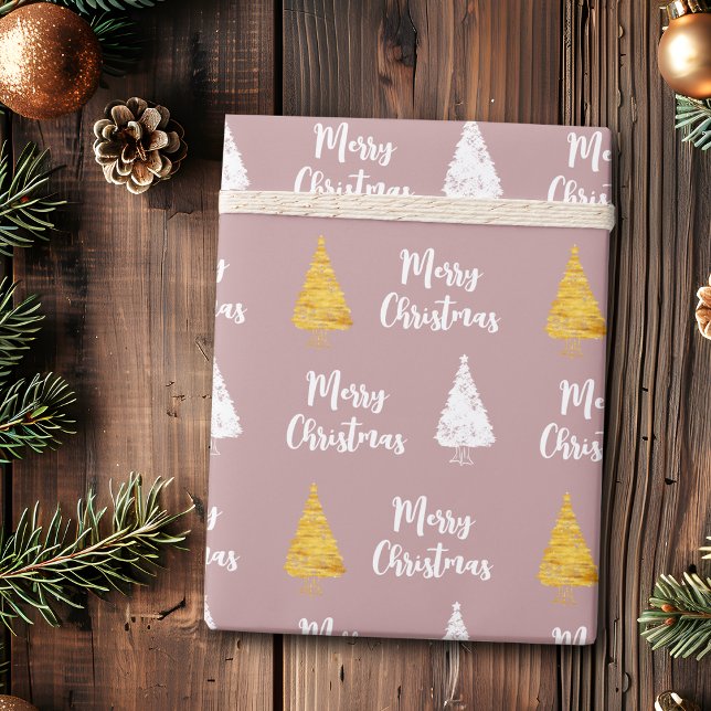 Custom Dusty Rose  White Golden Christmas Tree Wrapping Paper (Creator Uploaded)