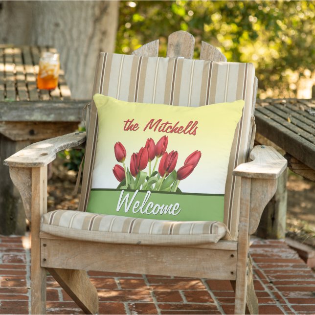Custom Dutch Red Tulips Welcome Retro Script Cushion (Chair)
