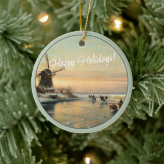 Custom Dutch Winter Wonderland Landscape Painting Ceramic Tree Decoration