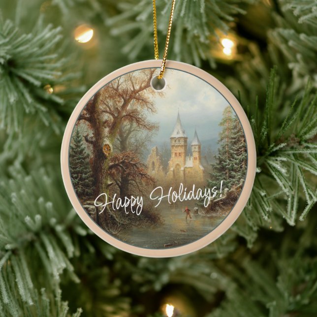 Custom Dutch Winter Wonderland Landscape Painting Ceramic Tree Decoration (Tree)