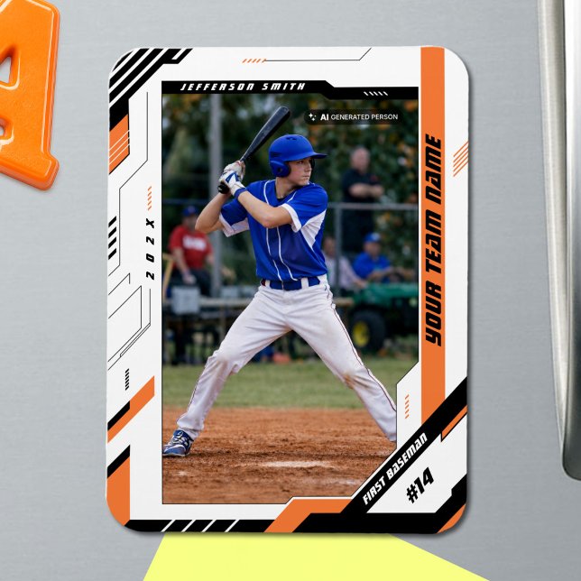 Custom Dynamic Orange Baseball Player Photo Magnet (Make Every Baseball Memory Last with a Custom Orange Photo Magnet)