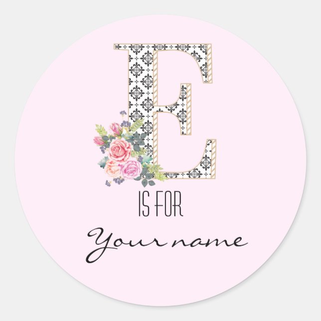 Custom E Name Floral Flower Pink Letter E Modern Classic Round Sticker (Front)