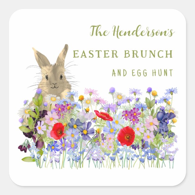Custom Easter Brunch Egg Hunt Wildflower Bunny Square Sticker (Front)