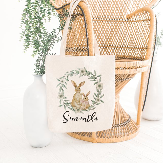Custom Easter Bunny Egg Hunt Happy Easter  Tote Bag (cute easter bunny tote bag personalised with your egg hunt kids name)