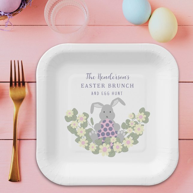 Custom Easter Egg Hunt Brunch Bunny Floral Pink Paper Plate (Personalized easter egg hunt spring brunch cute bunny floral pink party paper plate Whimsical script)
