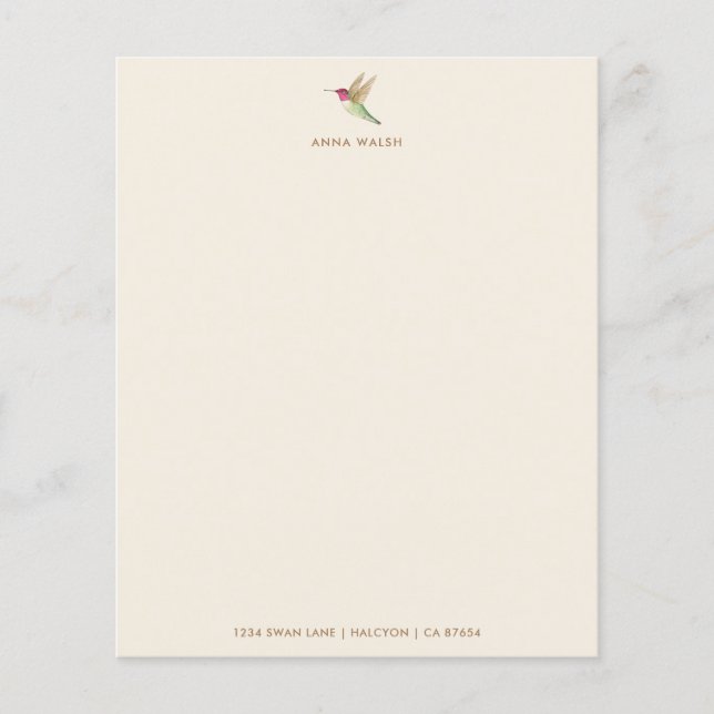 Custom Ecru Hummingbird Stationery Paper (Front)