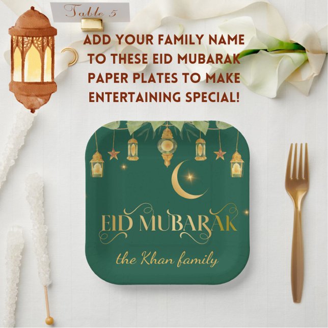Custom "Eid Mubarak" Green Gold Lanterns + Moon Paper Plate (Make Eid extra special with these festive, elegant green + gold "Eid Mubarak" family name plates!)