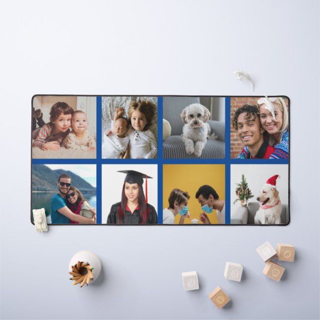 Custom Eight Photo Blue Border Personalised Desk Mat (Kids Table)
