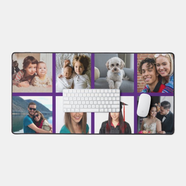 Custom Eight Photo Deep Purple Border Personalised Desk Mat (Keyboard & Mouse)