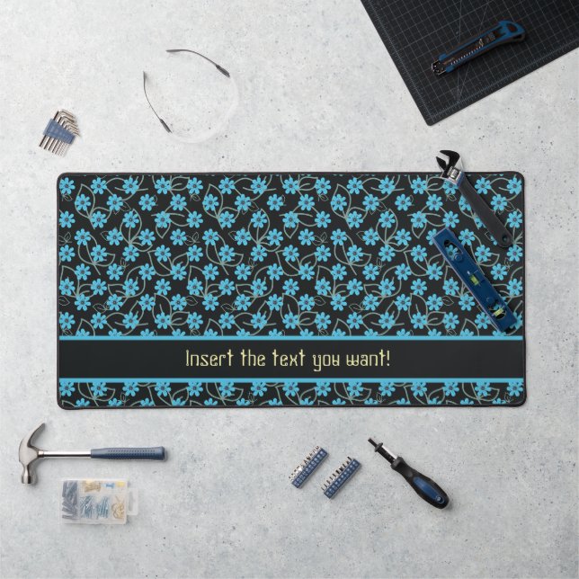 Custom Elegance: Black & Blue Floral Desk Mat (Workstation)