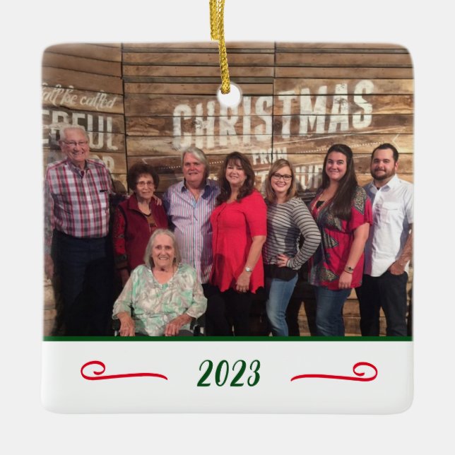 Custom Elegant 2 Photo 2-Sided Family Photo Ceramic Ornament (Front)