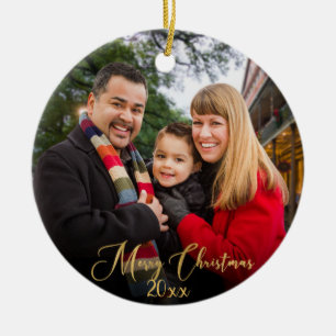 Custom Elegant 2-Side Gold Family Photo Christmas Ceramic Tree Decoration