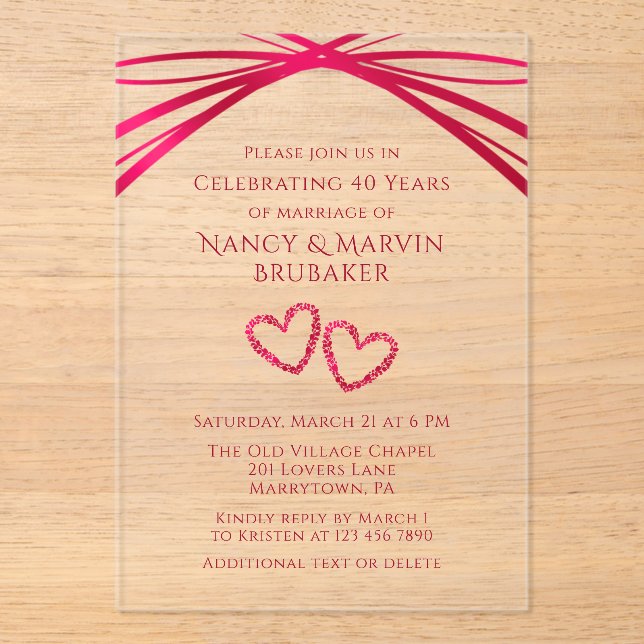 Custom Elegant Arch 40th Wedding Anniversary Party Acrylic Invitations (Front)