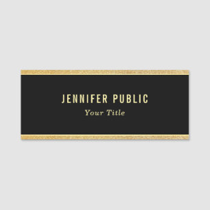 Custom Elegant Black And Gold Glitter Rectangle Name Tag
