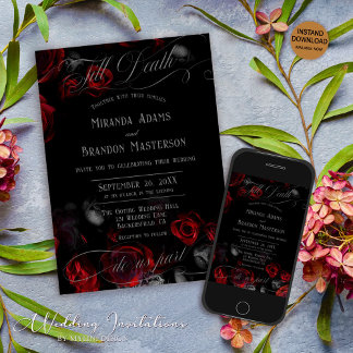Custom Elegant Black and Red Floral Wedding Invitation