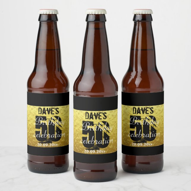 Custom Elegant Black Gold 50th Birthday Party  Beer Bottle Label (Bottles)