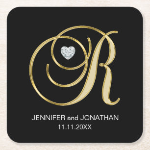 Custom Elegant Black Gold Monogram Letter Wedding Square Paper Coaster