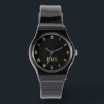 Custom Elegant Black Gold Monogram Silicone Strap Watch<br><div class="desc">Create your own custom, personalised, elegant trendy cool unique classy faux gold and black hours, monogrammed, ladies and mens unisex, stylish, black silicone strap watch. Simply type in your name / monogram / initials, to customise. Makes a great gift, for birthday, graduation, fathers day, mothers day, christmas, holidays, wedding, marriage...</div>
