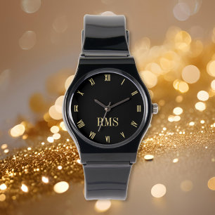 Custom Elegant Black Gold Monogram Silicone Strap Watch