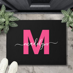 Custom Elegant Black Hot Pink Monogram Script Name Doormat