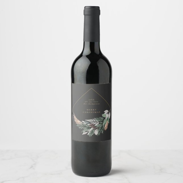 Custom Elegant Black Merry Christmas Wreath  Wine Label (Front)