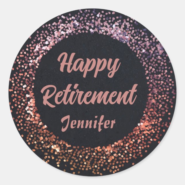 Custom Elegant Black Rose Gold Happy Retirement  Classic Round Sticker (Front)