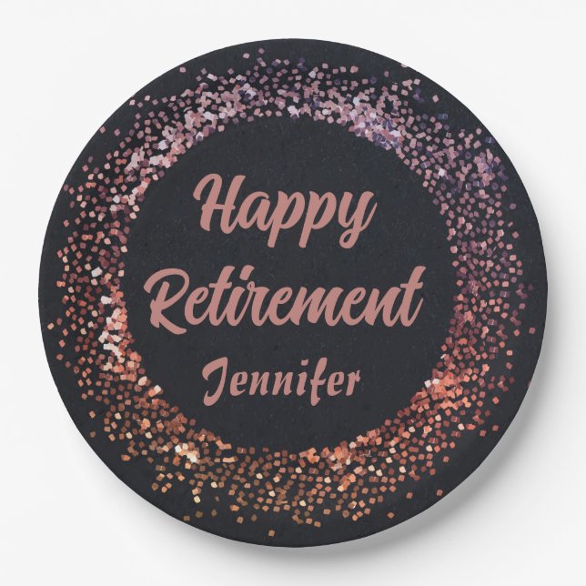 Custom Elegant Black Rose Gold Happy Retirement  Paper Plate (Front)