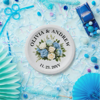 Custom Elegant Blue and White Floral Paper Plate