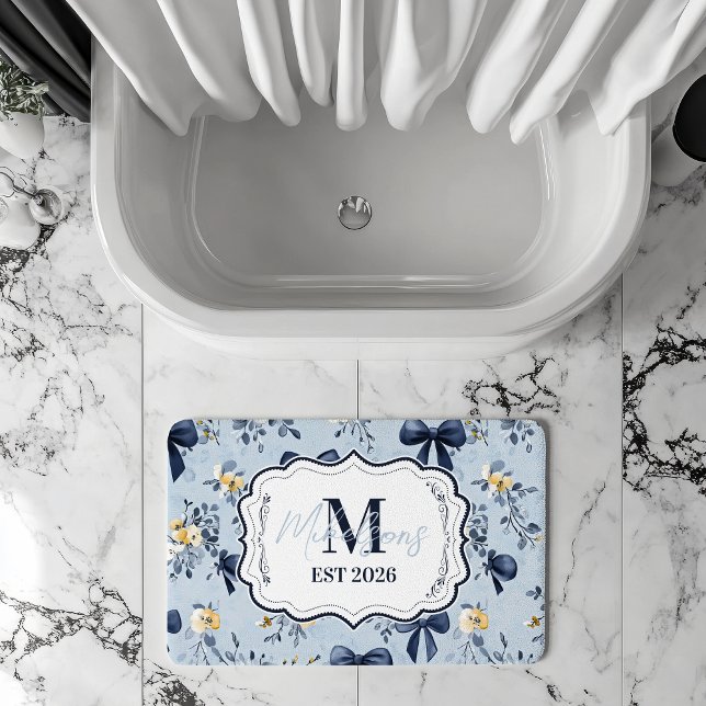 Custom Elegant Blue Bow Floral Monogram Bath Mat (Creator Uploaded)