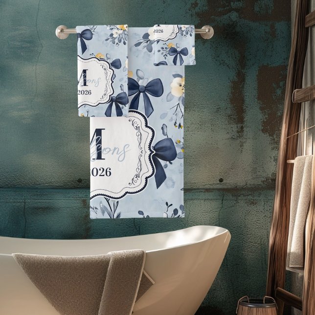 Custom Elegant Blue Bow Floral Monogram Bath Towel Set (Creator Uploaded)